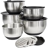 [Deluxe Set] 5 Premium Grade Stainless Steel Mixing Bowl Set with Lids and Non Skid Bottoms Stainless Steel Mixing Bowls with Pour Spout, Measurement Marks, and 3 Grater Attachments