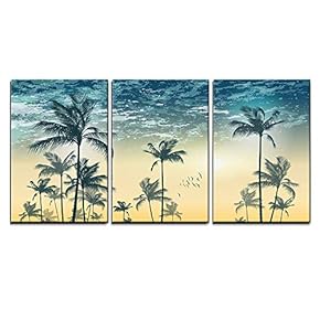 3 Piece Canvas Wall Art - Vector - Tropical Palm Tree Scene at Sunset or Sunrise Highly Detailed and Editable - Modern Home Art Stretched and Framed Ready to Hang - 16"x24"x3 Panels