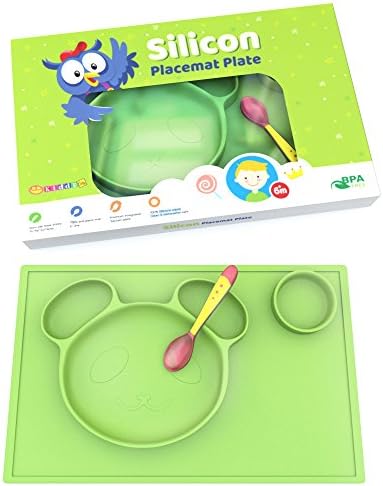 Silicone Placemat Plate for Feeding Kids | Non-slip All-In-One Design | BPA, PVC, Phthalate Free, Non-stick Dining Mat | Non-Toxic, FDA Approved | with FREE Spoon | Funny Panda Face from Kiddy Line