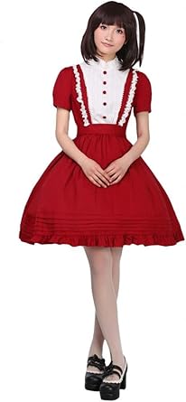 Amazon Com Hugme Dark Red Cotton Lolita One Piece Dress Short Sleeves Stand Collar Waist Belt Clothing