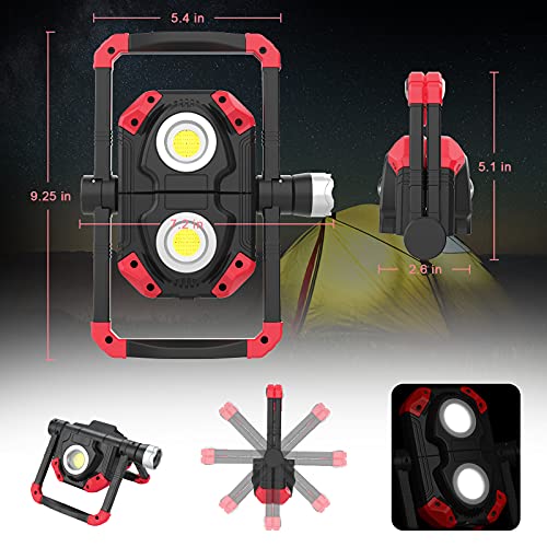 LED Work Light Rechargeable, 2000LM 3 COB Magnetic Working Lights with 4000mAh Mobile Charge and 360° Rotation Stand, Waterproof Portable LED Flashlight Work Light for Car Repairing (Red)
