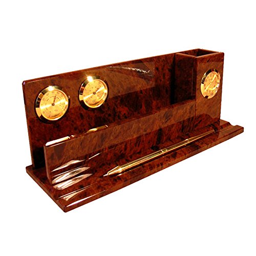 Office writing desk organizer with clock, thermometer,hygrometer, pen holder and paper tray | obsidian stone desk organizer