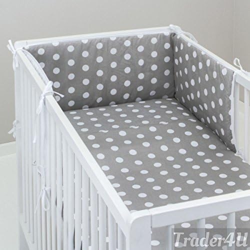MillaLu 3 Pcs Baby Nursery Bedding Set fit to Cot 120x60cm or Cot Bed 140x70cm Padded Bumper (Fit to Cot Bed 140x70 cm, White Dots on Grey)