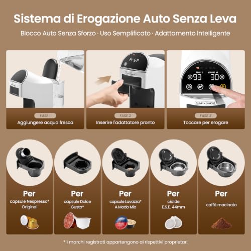 Magician2 Macchina da Caffè a Cialde e Capsule 5 in 1 per Casa e Ufficio | Adatto per ESE 44mm, Nespresso, Dolce Gusto, A Modo Mio, Macinato - Auto-Lock, TouchLED, Volume/Temp Regolabili, Preinfusione