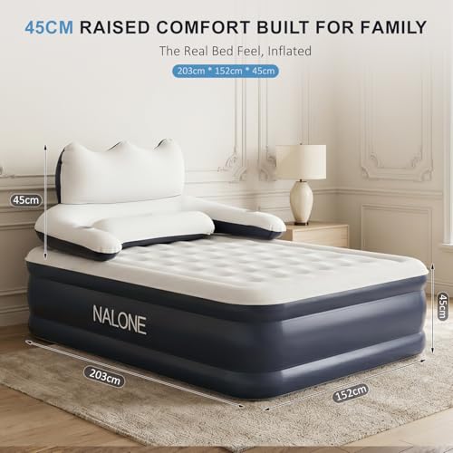 NALONE Matelas Gonflable 2 Personnes Electrique, Lit Gonflable Autogonflant 203x152x45cm, Pompe Électrique Intégrée avec Dossier Amovible (2 Personnes)