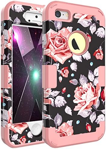 OBBCase iPhone SE Case,iPhone 5S Case,iPhone 5 Case,Three Layer Heavy Duty Hybrid Sturdy Armor High Impact Resistant Protective Cover Case For iPhone SE/5S/5 Rose Flower/Rose Gold
