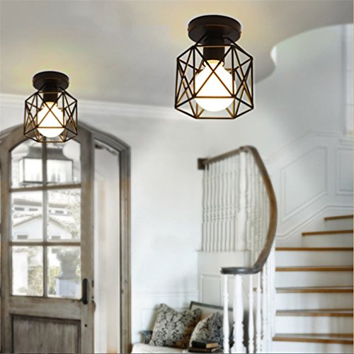 Vintage Ceiling Light, MKLOT Ecopower Industrial Style Square Semi Flush Mount Ceiling Lighting Lamp Fixture 5.91" Wide with Cage in Black
