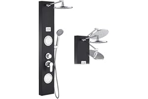 ROVOGO Stainless Steel Shower Panel Tower System, 9-inch Rain Shower, 2 Body Jets, 3-Setting Handheld, Multi-Function Shower Column with Temperature Display, Black
