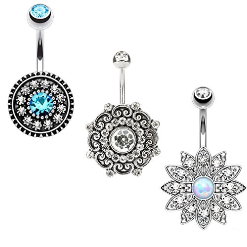 JDXN 3PCS14G Stainless Steel CZ Opal Belly Button Rings Navel Barbell Piercing Body Jewelry Women (Blue Silver 3Pcs/Set)