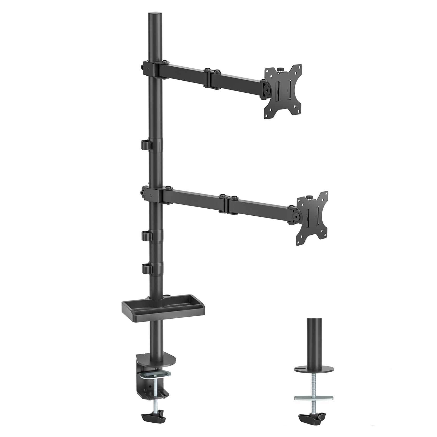 Photo 1 of UPGRAVITY Dual Vertical Monitor Mount with Storage Tray, Stacked Monitor Stand for Two 13 to 32 inch Computer Screens, 35 inch Extra Tall Pole, Double-Jointed Fully Adjustable Heavy Monitor Arms
