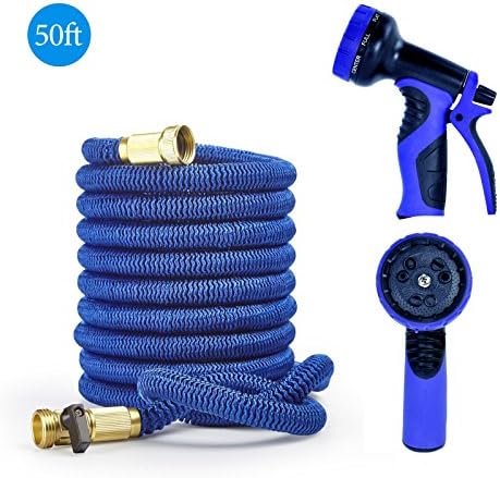 Yamoo Hose - 50ft Flexible Expandable Water Garden Hose with All Brass Connectors, 9-Way Spray Nozzle, Wall Mount, 2-way Splitter, and Free Storage Bag