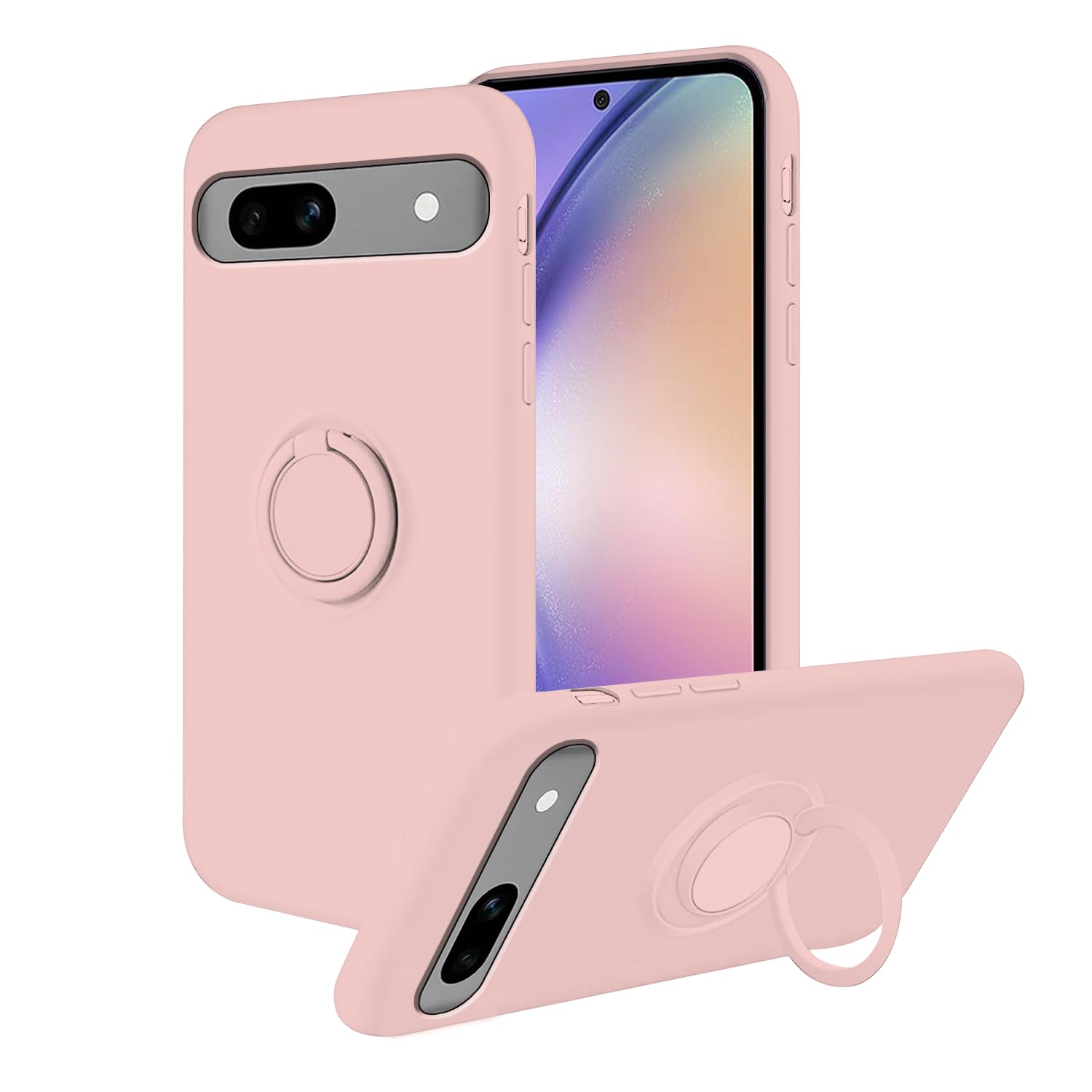 Compatible With Google Pixel 7a Case Shockproof with Ring Kickstand, Google Pixel 7a Phone Case Silicone with Full body Cases Cover with Soft Microfiber Lining (Pink)