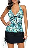 Sidefeel Women Printed Tankini With Skirtini Two Pieces Swimsuit Set