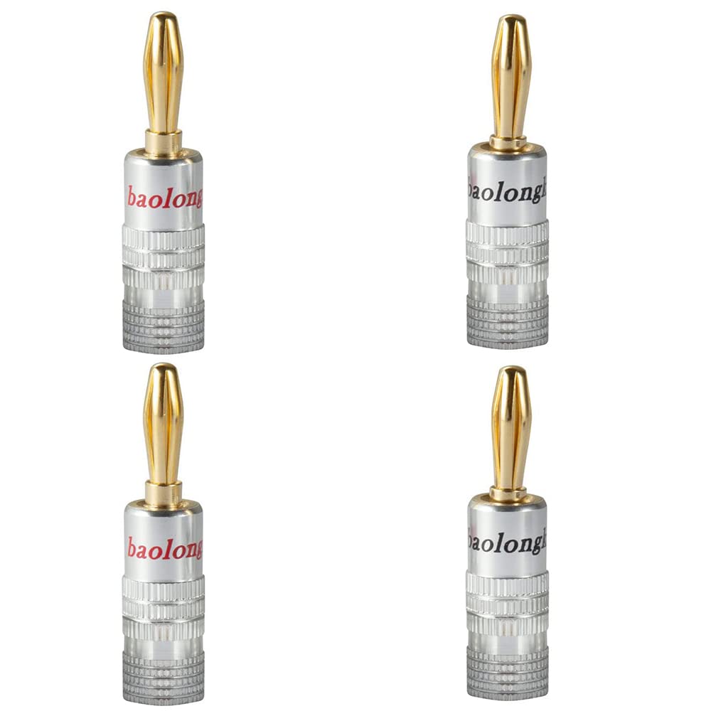 Banana Plugs, Gold Plated 4mm Speaker Connectors Dual-Screw Lock Audio Jack for Speaker Wire, Amplifier, HiFi, Receiver, Type in Red & Black (2 Pairs/4 PCS)