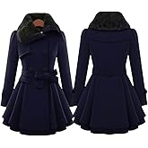 Sanwild Womens Wool Blend Faux Fur Collar Peacoat Warm Casual Winter Trench Coat Midi Legnth Double Breasted Belted Jacket