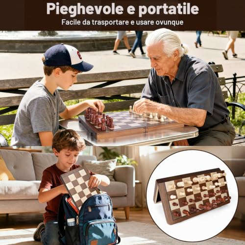 Wooden Chess Board, 2 in 1 Magnetic Chess Board, 39 x 39 cm, Professional Folding Portable Chess Board and Magnetic Checkerboard with Storage Bag, Checkers for Children and Adults Parties