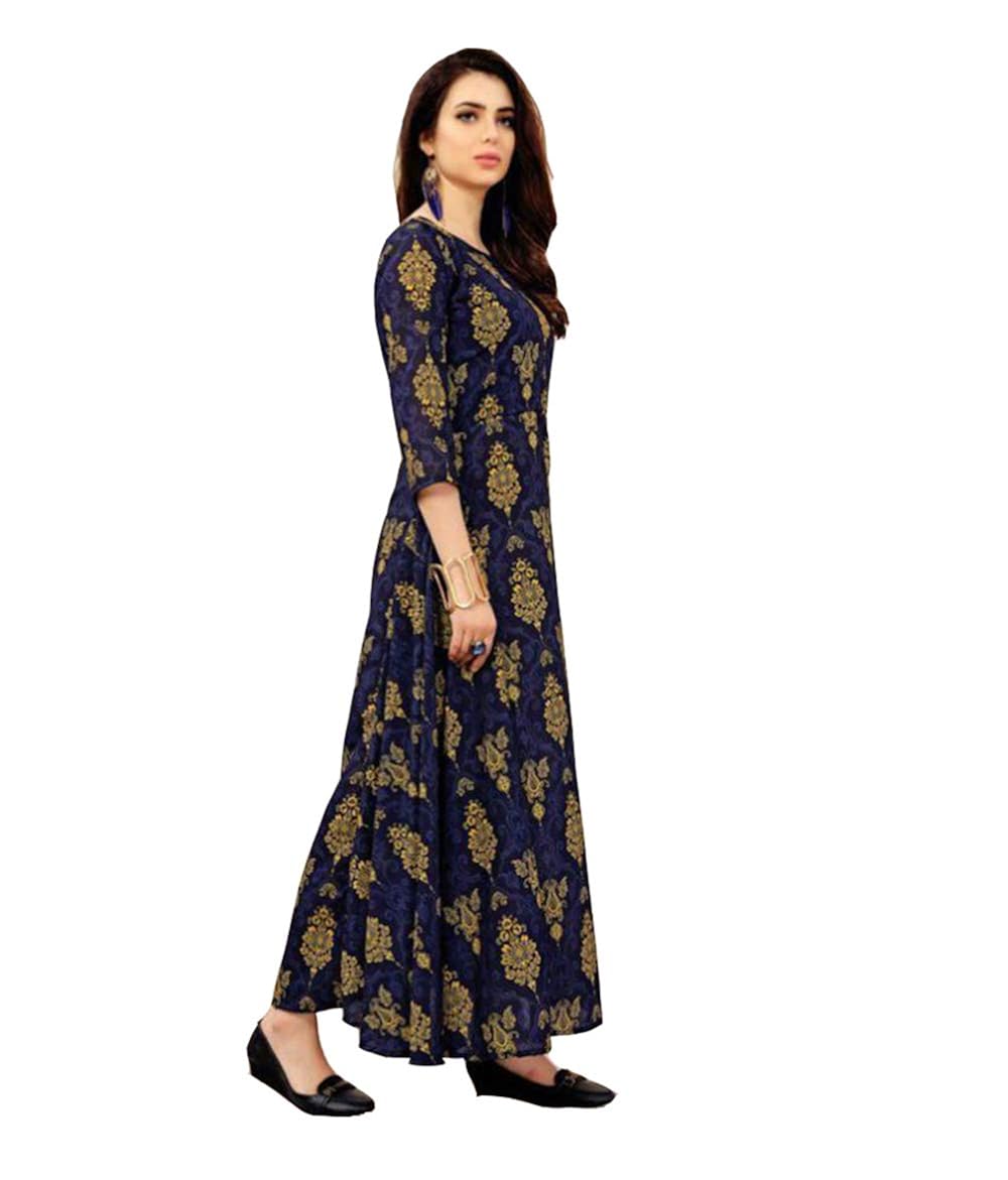 manan women's long printed rayon party wear kurti, blue