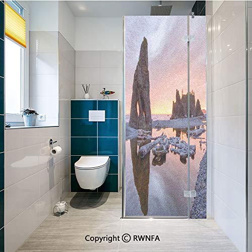 RWNFA No Glue Static Cling Glass Sticker Sunset Theme Sea Stacks and Driftwood at Ruby Beach Digital Image Decorative Film,23.6" x 70.8" for Home&Office,Orange and Grey