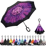 Ylovetoys Double Layer Folding UV Proof and Windproof Inverted Umbrella with C-shaped Hand for Car Outdoor (Purple Flower)