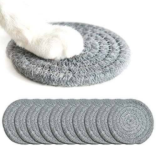 ZKZNsmart 10pcs Round Cotton Coaster, Beverage Straw pad, Hand-Woven Cotton Coaster, Non-Slip Insulation Tripod ， Coffee Cup Charger(4 inches, Gray)