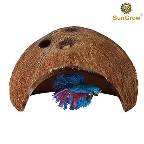 SunGrow Betta cave - Natural habitat made from coconut shells - Soft-textured smooth edges & spacious hideout for Betta fish to rest and breed - Maintains water quality and pH level
