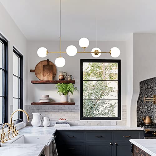 KCO Lighting 6 Light Milky Glass Chandelier, Modern Linear Globe Chandelier, White and Gold Pendant Lamp Mid-Century Rectangular Chandelier for Kitchen Island