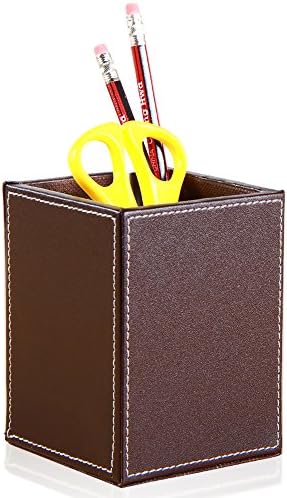 Square Pen Pencils Cup Holder PU Leather Desk Stationery Organizer Office Supplies Desktop Organizer (Brown)