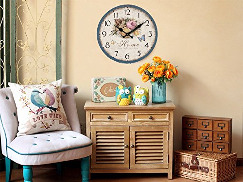 Eruner Romantic Sweet Roses Clock, 12" Rustic Floral Style Wall ClockHome Wooden Art Decor Non-Ticking Bedroom Study Desk Home Decoration(C-60)