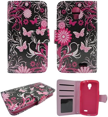 Black Pink Daisey Flower Butterfly Lg Ultimate 2 L41c Android (Straight Talk, Tracfone, Net 10) Pu Book Leather Wallet Credit Card Flip Open Pocket Case Cover Pouch