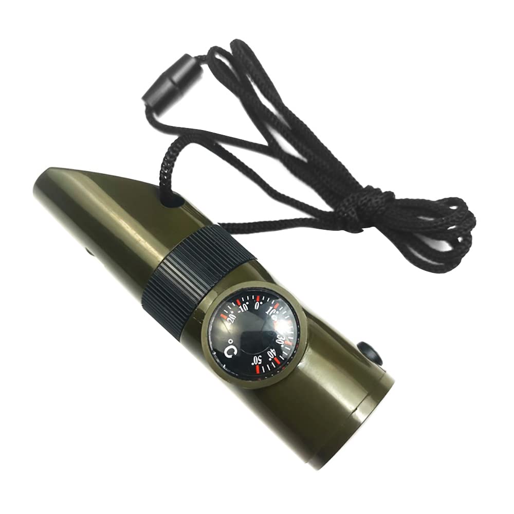 VOANZO 7 in 1 Survival Whistle Hiking Whistle Camping Kit Multi Function Survival Tool with Compass Thermometer Reflector Magnifier LED Sealed Compartment