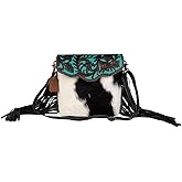 Myra Bag Western Style Purse - Fringe Purses for Women with Real Cowhide and Blue Accents, Leather Western Handbags for Women