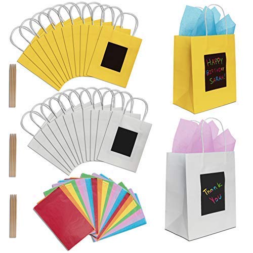 24 Gift Bags with Scratch Paper Panel for Customization 24 Pieces of Tissue Paper! 12 White 12 Yellow Bulk Paper Bags with Handles, Great as Small Gift Bags