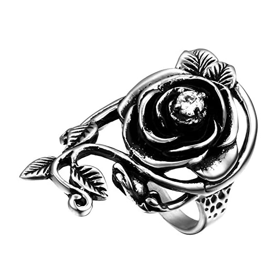Flongo-Womens-Ladies-Gothic-Stainless-Steel-Rose-Flower-Vine-Band-Ring-Size-6