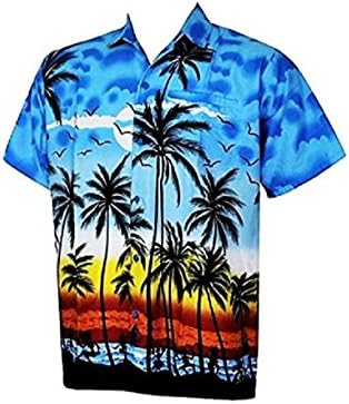 Mens Blue Hawaiian Luau Aloha Short Sleeve Front-Pocket Palm Tree Dress Shirt (XS)