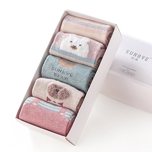 SUNBVE Baby Toddler Girls Bears Soft Cotton Dress Socks 5 Pack