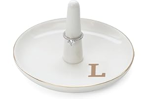 HOME SMILE Initials Ring Holder Jewery Tray with personalized L-Monogrammed Engagement Gifts for Friends,Birthday Mother's Day Christmas Gifts for Women,Ceramic White