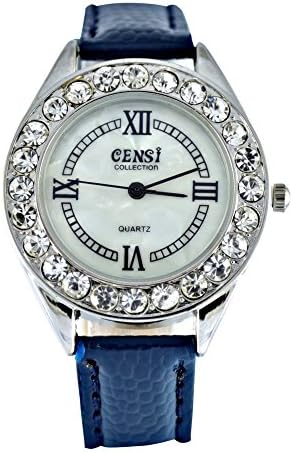 Censi Women's Sliver Plated Diamante Bezel PU Leather Strap Analog Watch (Navy Blue)