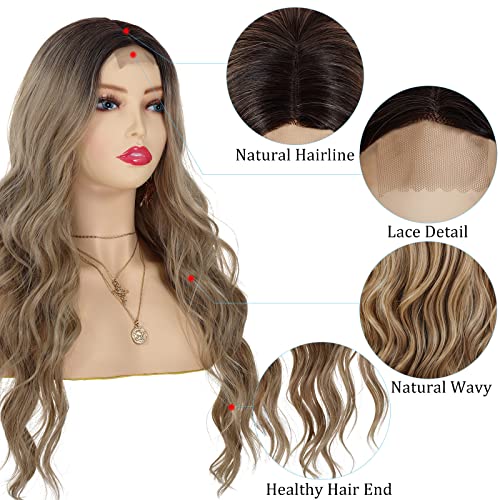 POPYAIYU Long Wavy Synthetic Wig 24Inch Ombre Blonde Wigs for Women Middle Part Wig with Dark Roots Natural Looking Heat Resistant Hair for Party Daily Use(Ombre Blonde)