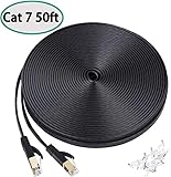 Cat7 Ethernet Cable 50 FT, High Speed Long Lan Cable Flat Network Patch Cable with Clips, Faster Than Cat6 Cat5e, Shielded RJ45 Connectors for PS4,Gaming, Ethernet Switch, Modem,Router,Black