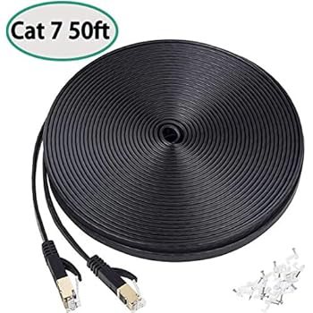 Cat7 Ethernet Cable 50 FT, High Speed Long Lan Cable Flat Network Patch Cable with Clips, Faster Than Cat6 Cat5e, Shielded RJ45 Connectors for PS4,Gaming, Ethernet Switch, Modem,Router,Black