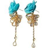 Vintage Camellia Earring for Women Long Tassel Flower Earrings Colorful Rose Earring Crystal Drop Dangle Earrings Weddings Party Fashion Jewelry Accessary