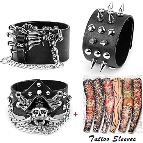 Yariew 3 Pcs Spike Studded Rivet Punk Rock Biker Wide Strap Leather Bracelet Chain Wristband Rocker Costume Accessories Adjustable + 6 Pcs Temporary Tattoo Sleeves