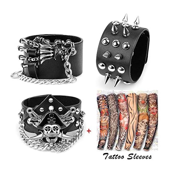 Yariew-3-Pcs-Spike-Studded-Rivet-Punk-Rock-Biker-Wide-Strap-Leather-Bracelet-Chain-Wristband-Rocker-Costume-Accessories-Adjustable-6-Pcs-Temporary-Tattoo-Sleeves