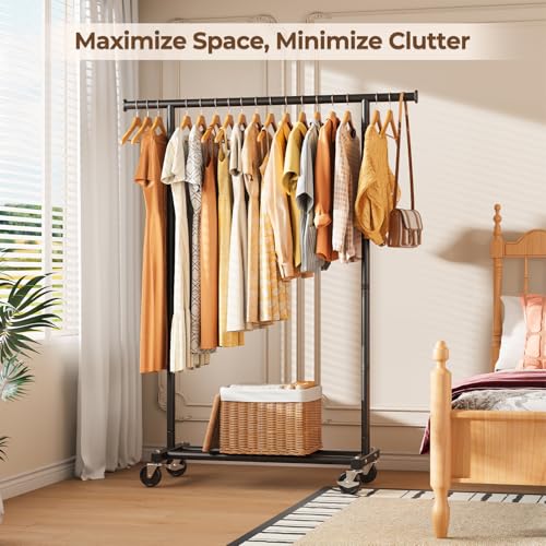 HYSEYY Clothing Rack, Rolling Clothes Rack, Metal Garment Rack with Lockable Wheels & Storage Shelf, Sturdy Coat Rack for Bedroom, Laundry Room, Portable Wardrobe Rack - 162H x 118W x 42D cm (Black)