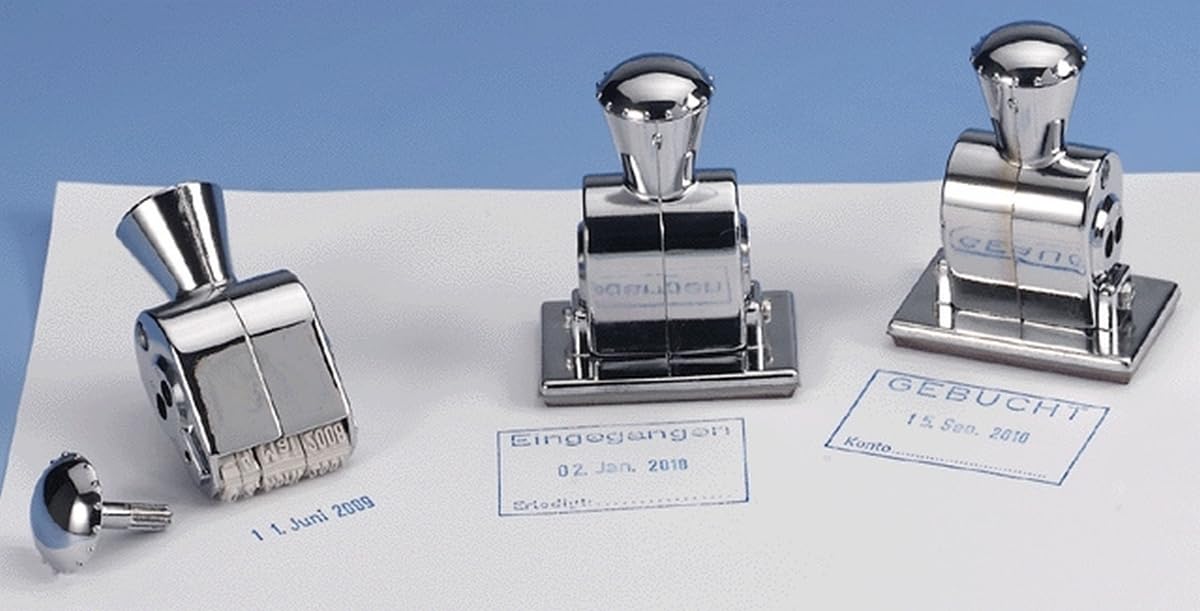 Wedo Stema 0876 Date Stamp with German Text "Eingegangen" ("Received") and 4 Blank Fields Imprint Size 3 x 5 cm Chrome-Plated Metal Housing