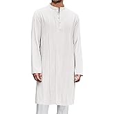 Runcati Mens Kaftan Thobe Button Down Henley Shirts Robe Long Sleeve Casual Cotton Pleated Muslim Gown Shirt