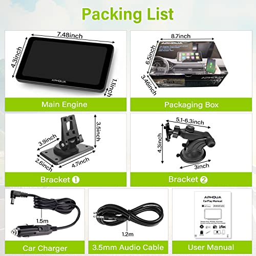 APHQUA Portable Wireless Apple Carplay and Android Auto7 Inch IPS HD