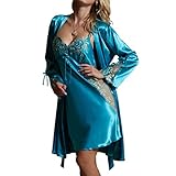 Amybria Women Silk Lace Long Sleeve Pajamas Robe Green Size S