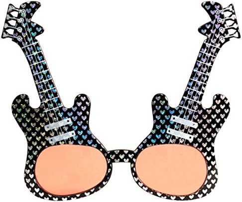 Rock Star Hearts Glitter Guitar Sunglasses, Black Silver Frame, Pink Lens, OS