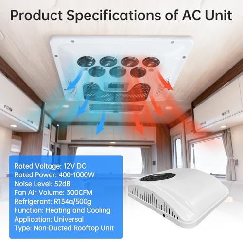 Aire Acondicionado Para Caravanas De 12 V en Techo 8000 BTU Con Calefacción, Enfriamiento Rápido y Calor, Ultra Delgado, Perfil Bajo, Ultra Silencioso, Unidad de CA de 12 V sin Conductos